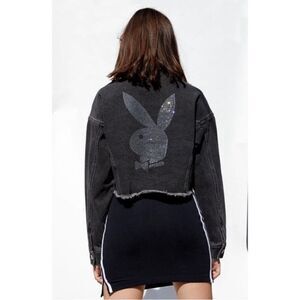 Playboy by Pacsun Cropped Denim Embellished Bunny Raw Distressed Hem Jacket M/L